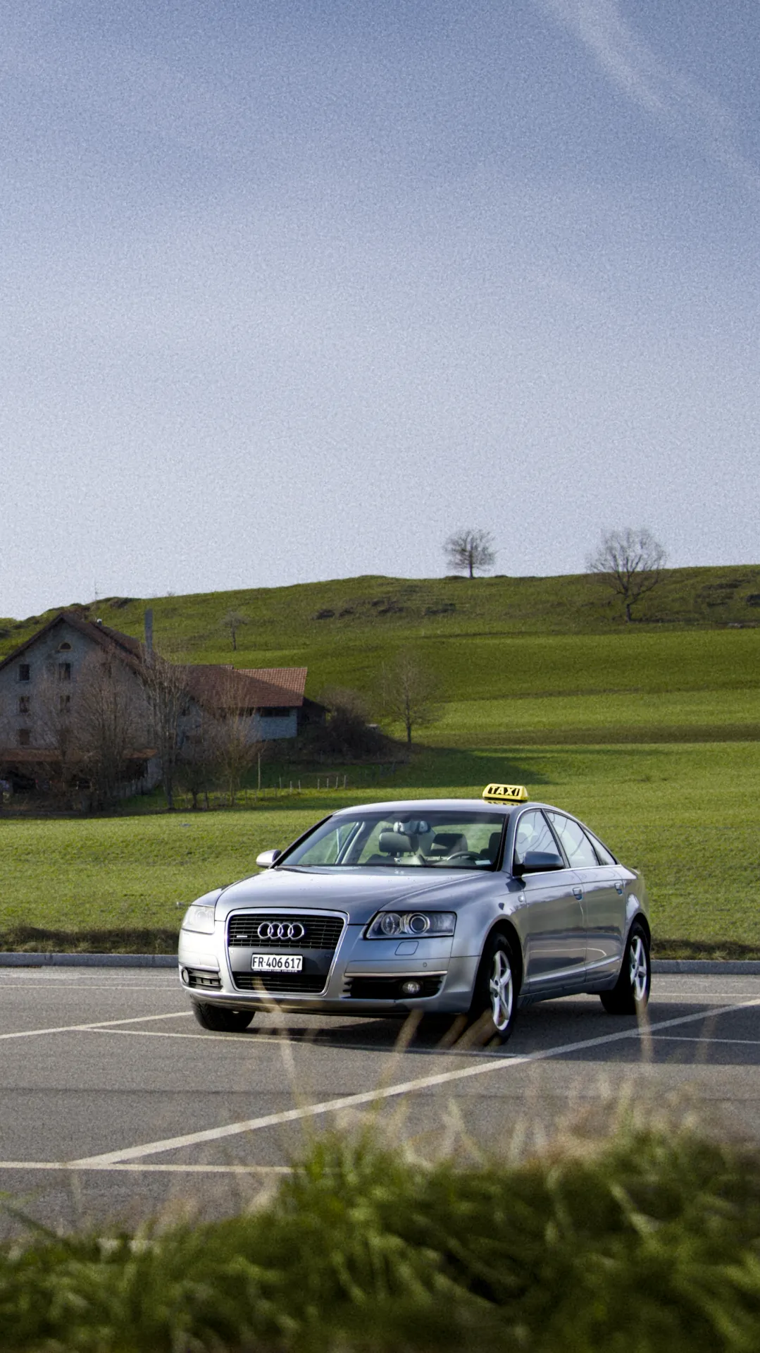 Une voiture en second plan avec un champs verdoyant en troisième plan.